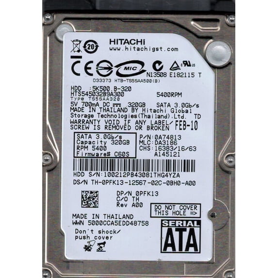 Hitachi HTS545032B9A300 P/N: 0A74813 MLC: DA3186 320GB