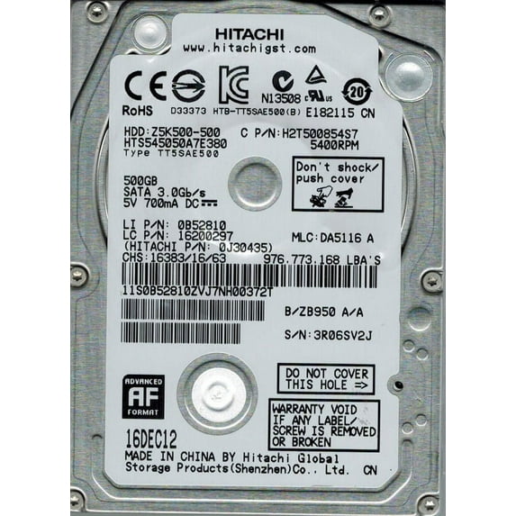 Hitachi HTS545050A7E380 P/N: 0J30435 MLC: DA5116 500GB