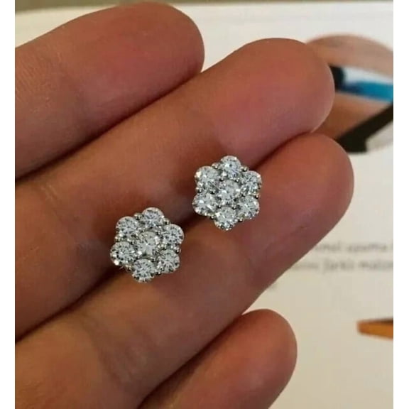 Hitanshu Jewels 1.00Ct Round Cut Diamond Stud Flower Earrings 14K White Gold Plated