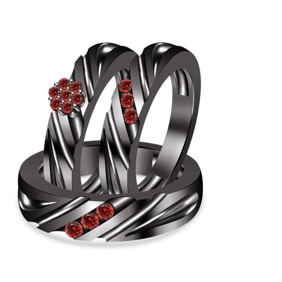 Hitanshu Jewels 14K Black Gold Finish Silver Round Cut Red CZ Bride & Groom Trio Ring Set