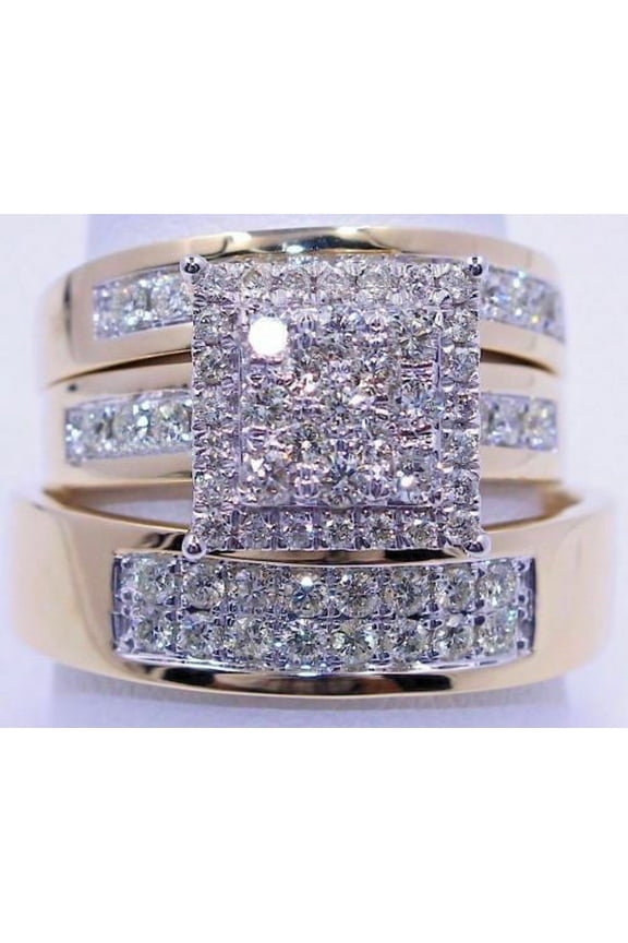 14K Rose Gold Plated Moissanite Cluster Couple Bridal Trio Wedding Ring Band Set