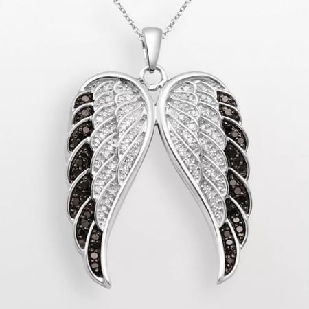 Hitanshu Jewels 14K White Gold Finish Angel Wings Pendant Necklace with Black & White CZ, 18" Chain
