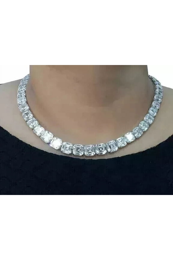 14K White Gold Finish Unisex 18 Inches Tennis Necklace Asscher Cut Cubic Zirconia