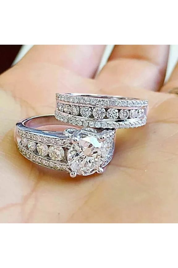 14K White Gold Plated 4 ctw Round Cut White Moissanite Bridal Wedding Ring Set for Women