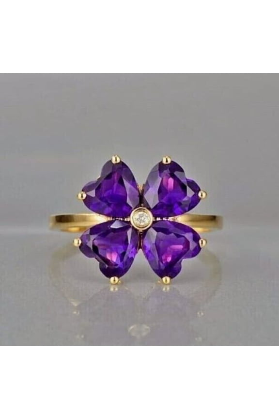 14K Yellow Gold Finish 2Ct Heart Cut Purple CZ Flower Engagement Ring