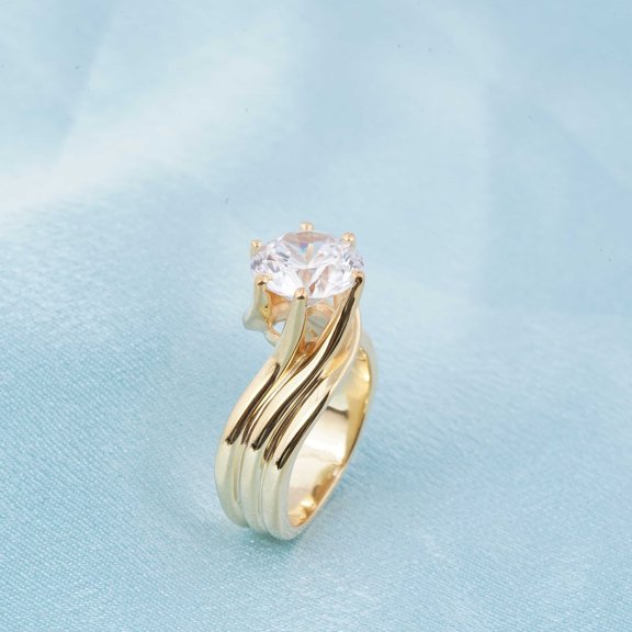 Hitanshu Jewels 14K Yellow Gold Finish Silver Round Cut CZ Wedding Engagement Ring