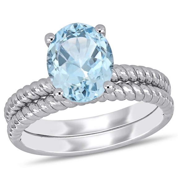 Hitanshu Jewels 14k White Gold Plated Aquamarine Solitaire Twisted Bridal Ring set
