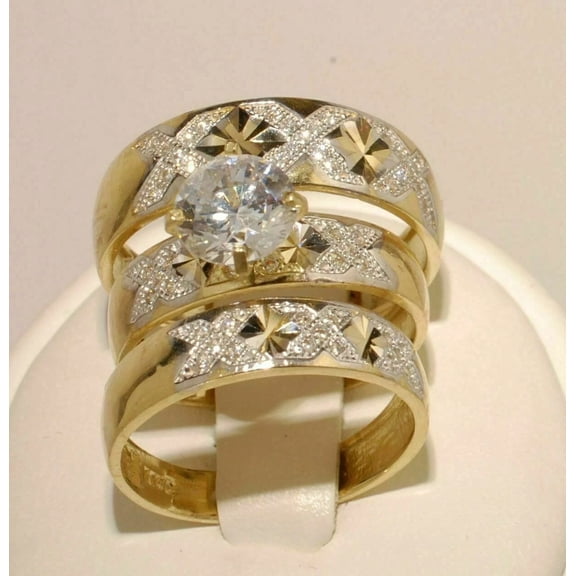 Hitanshu Jewels 2Ct Cubic Zirconia 14K Yellow Gold Plated His-Her Trio Wedding Ring Set