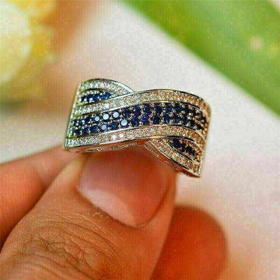 Hitanshu Jewels 2Ct Round Cut Blue CZ Wedding Band Ring In 14k White Gold Finish