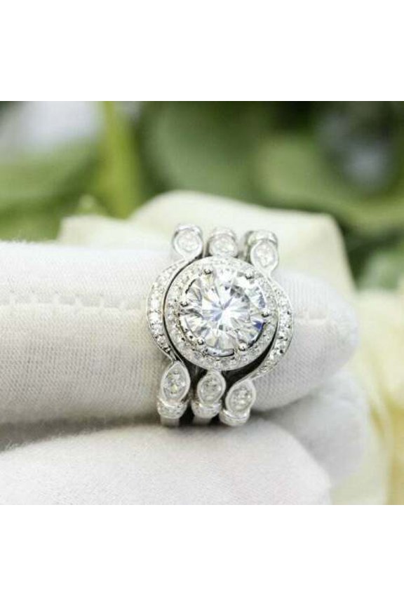 2Ct White Round Cut CZ Trio Wedding Ring Set In Solid 925 Sterling Silver