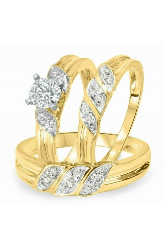 3CT Round Cut CZ 14K Two-Tone Gold Plated Wedding Trio Ring Set