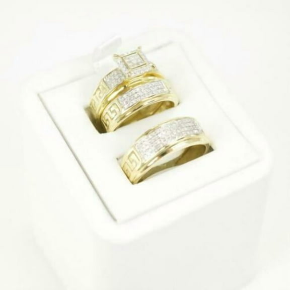 Hitanshu Jewels 3Ct Round CZ 14K Yellow Gold Plated Halo Trio Wedding Ring Set