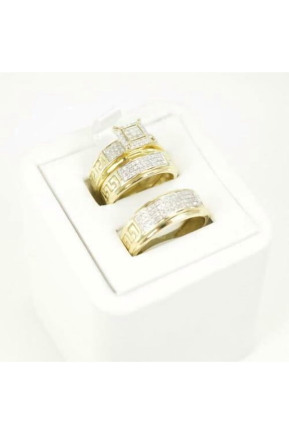 3Ct Round CZ 14K Yellow Gold Plated Halo Trio Wedding Ring Set