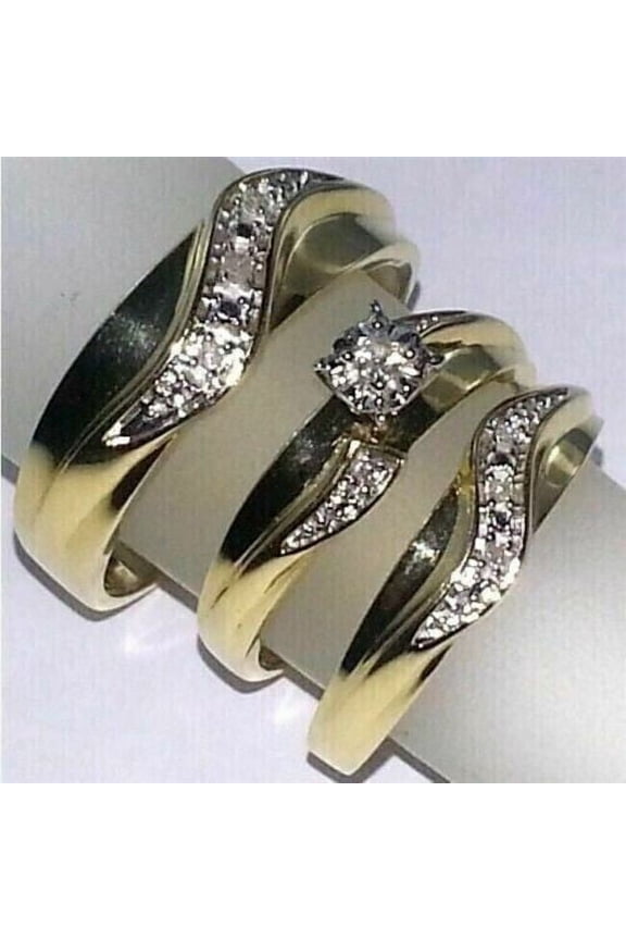 3Ct Round Cut CZ 14K Yellow Gold Plated His/Her Trio Ring Set
