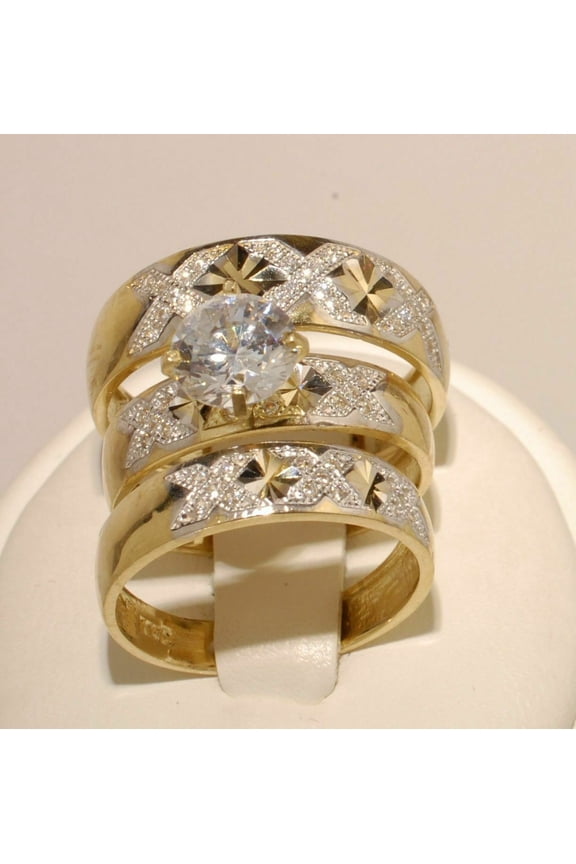 3Ct Round Cut CZ 14K Yellow Gold Plated Trio Wedding Ring Set