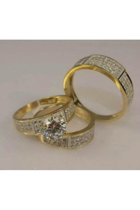 3Pc His & Her Round Cut CZ Rings – Perfect Anniversary Gift for Wife or Husband