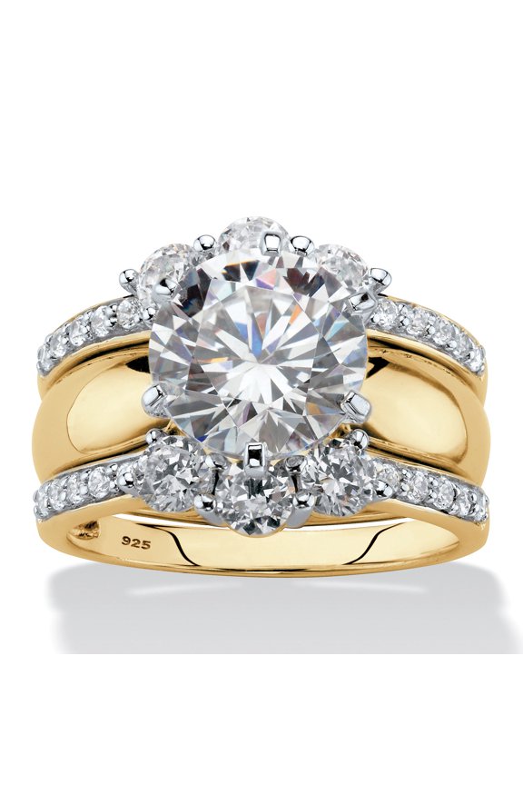 4.66 Cttw Yellow Gold-Plated Silver Cubic Zirconia 2-Piece Jacket Wedding Ring Set