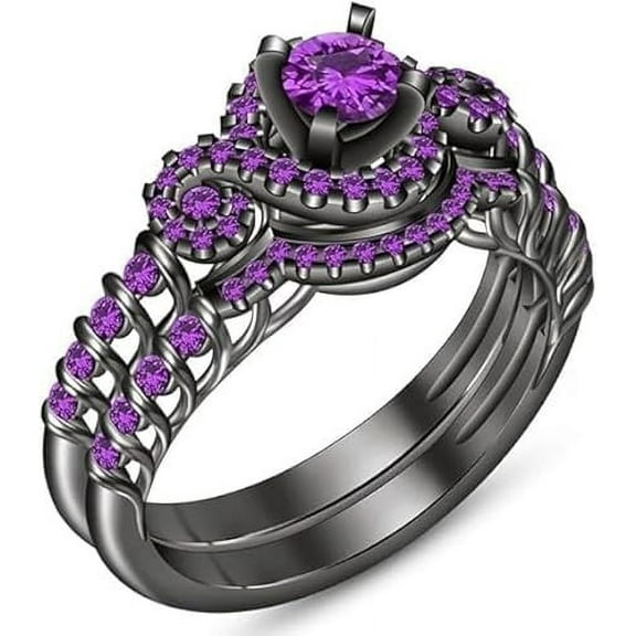 Hitanshu Jewels 925 Sterling Silver 2.20 Ct Round Cut Purple Amethyst Wedding Engagement Thanksgiving Christmas Bridal Ring Set 14K Black Gold Plated For Women's -5