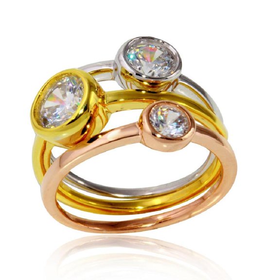 Hitanshu Jewels 925 Sterling Silver CZ Stones White, Yellow & Rose Gold Plated Stackable Trio Rings