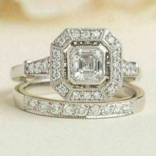 Hitanshu Jewels Asscher Cut Cubic Zirconia Bridal Set Unisex Engagement Ring 14k White Gold Finish