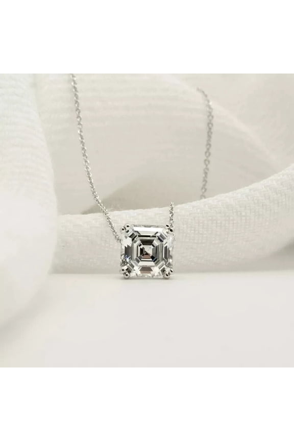 Asscher Cut Cubic Zirconia Gift For Womens Pendant Necklace 14K White Gold Finish