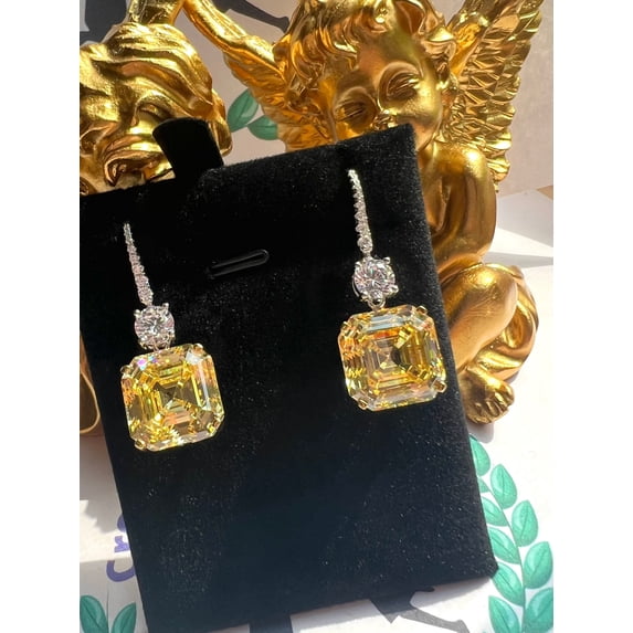 Hitanshu Jewels Asscher Cut Yellow Cubic Zirconia Women's Beautiful Drop Earrings In 14K White Gold Plated