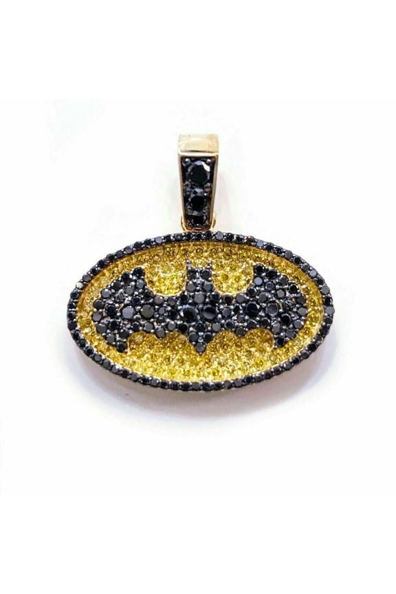 Black CZ Batman Pendant | 14K Yellow Gold Plated 925 Silver Mens Pendant