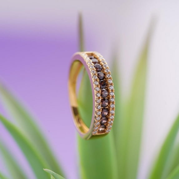 Hitanshu Jewels Brown CZ Band Ring 14K Yellow Gold Finish Silver Wedding Band for Women's