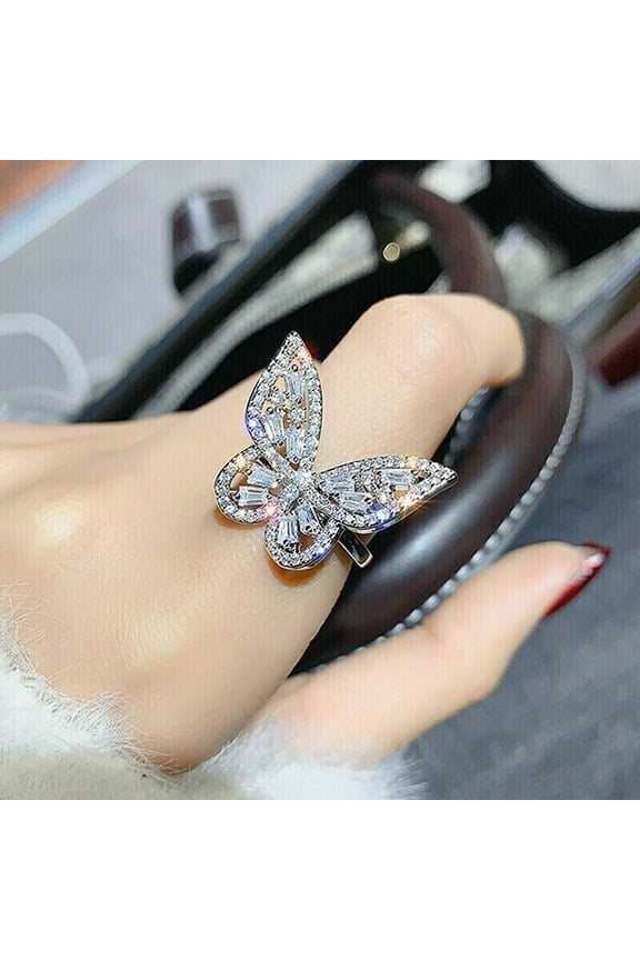 Cubic Zirconia Baguette Cut Womens Butterfly Shape Ring 14k White Gold Plated