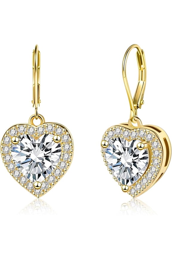 Cubic Zirconia Round Cut Heart Shape Drop Dangle For Womens Earrings 14K Gold Finish