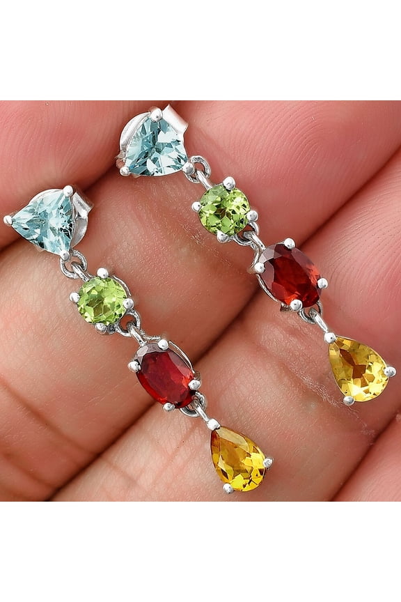 Elegant Multicolor Stone Drop Earrings 925 Sterling Silver Jewelry