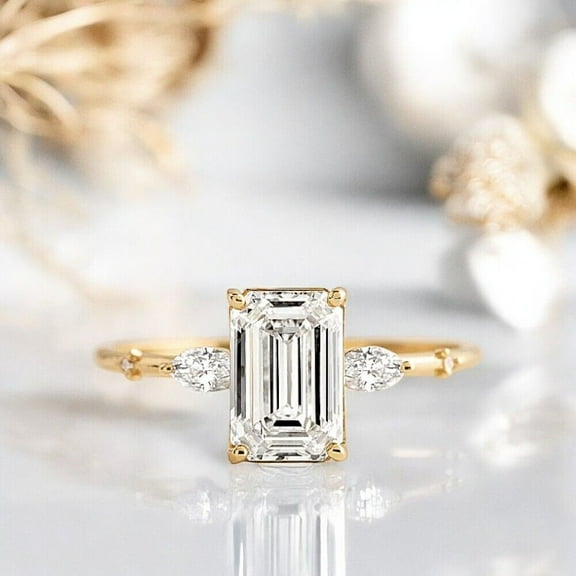 Hitanshu Jewels Emerald Cut Cubic Zirconia Solitaire Engagement Womens Ring 14K Yellow Gold Plated