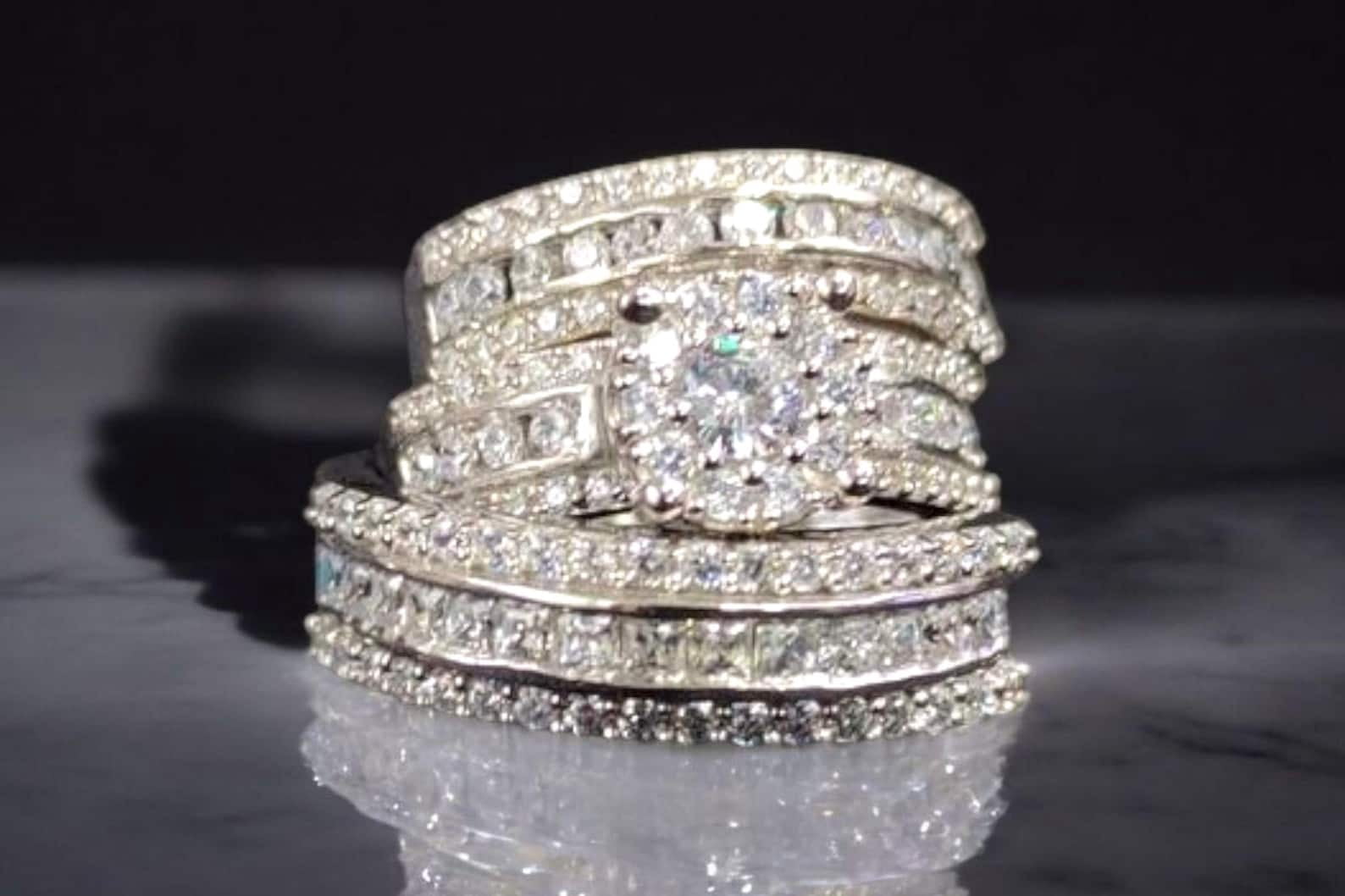 Hitanshu Jewels Engagement Wedding Ring Set For Men & Women Round Cut CZ 14K White Gold Finish
