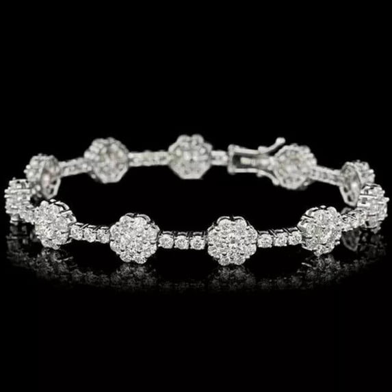 Hitanshu Jewels Flower Shape 14K White Gold Over Round Cut Cubic Zirconia Tennis Women's Bracelet