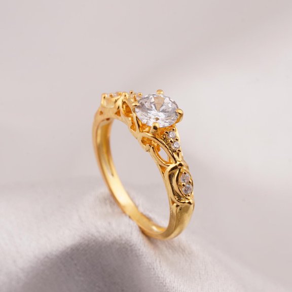 Hitanshu Jewels Gold Plated Solitaire Engagement Ring with CZ Accents Vintage Inspired Promise Ring for Women