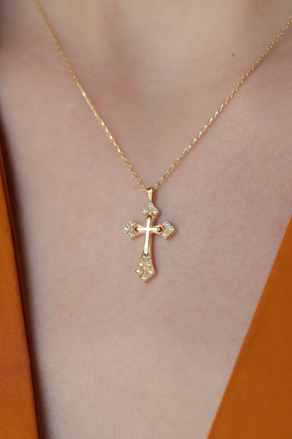 Gold-Tone Cross Pendant Necklace Elegant CZ Christian Jewelry for Women