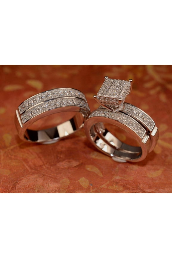 His & Her 3CT CZ Wedding 14 White Gold Finish Wedding Trio Set