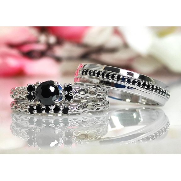 Hitanshu Jewels His & Her 3Pc Black CZ Trio Wedding Ring Set in Silver Finish – Bridal Engagement Matching Bands