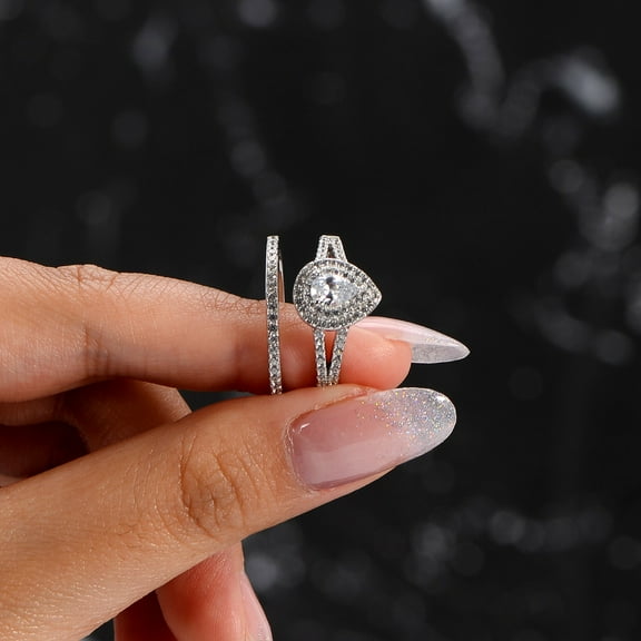 Hitanshu Jewels His Her Pear Cut Cubic Zirconia 14K White Gold Plated Wedding Bridal Ring Set