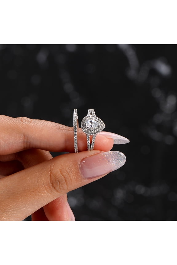 His Her Pear Cut Cubic Zirconia 14K White Gold Plated Wedding Bridal Ring Set