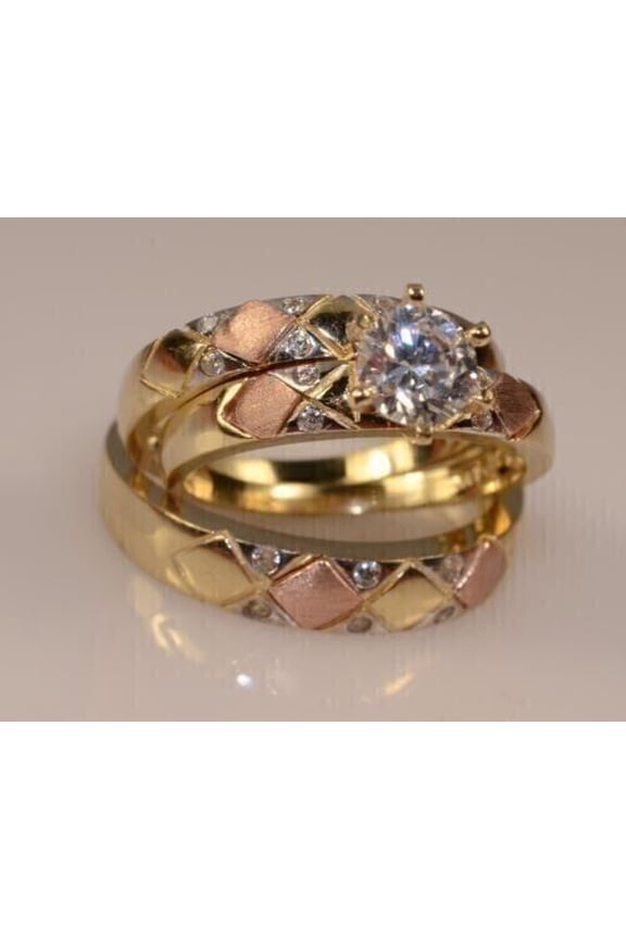 His & Her Round Cut CZ 14K Yellow Gold Finish Silver Engagement Couple Ring Set