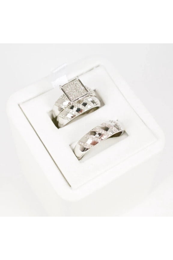 His & Her Trio Ring Set 2Ct CZ 14K White Gold Finish Silver Round Cut