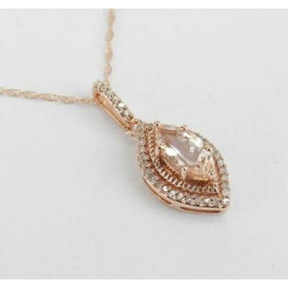 Hitanshu Jewels Lab Created Marquise Cut Morganite Halo Pendant Necklace 14K Rose Gold Finish Silver