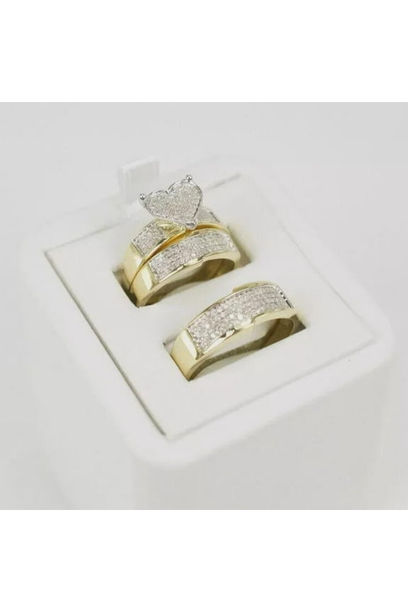 Matching Couple Rings Set 14K Yellow Gold Finish Round Cut CZ Gift for Husband & Wife