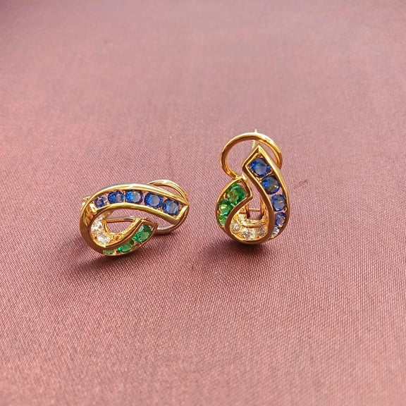 Hitanshu Jewels Multicolor CZ Twist Stud Earrings in Gold Finish Elegant Blue, Green & White Stone Jewelry for Women