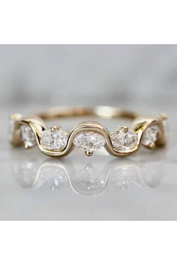 Oval Cut CZ Wave Band Ring in 14K Gold Finish Elegant Stacking or Anniversary Ring for Women