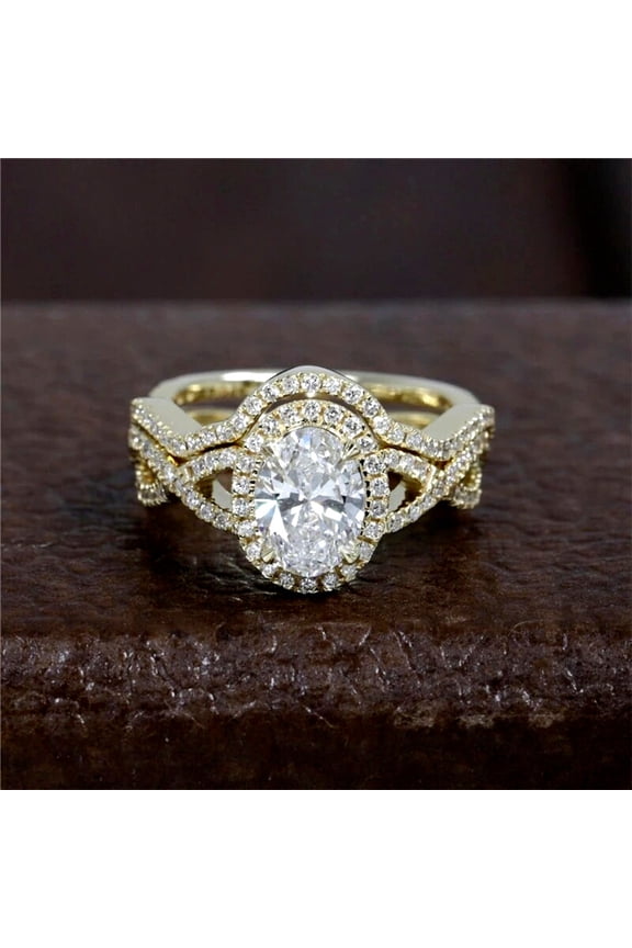 Oval Cut Cubic Zirconia Wedding Ring For His & Her Bridal 14k Yellow Gold Plated