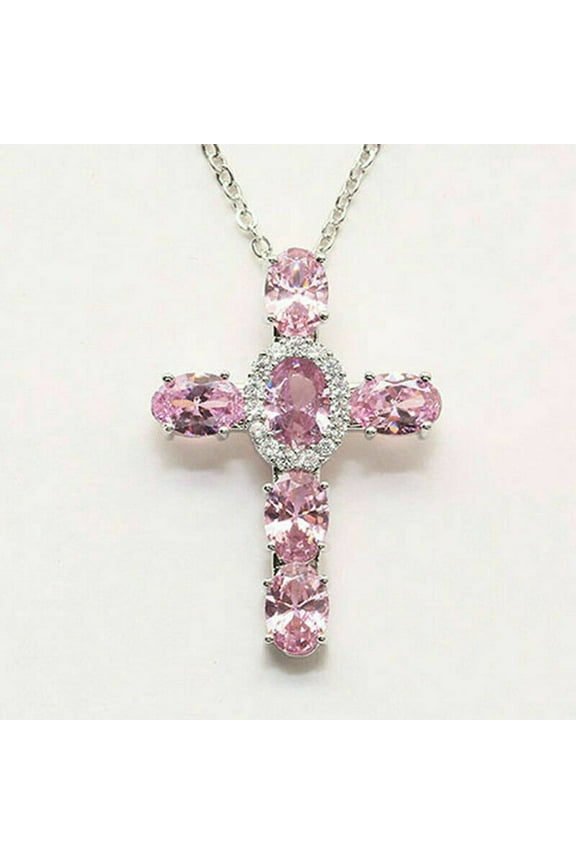 Oval Cut Pink CZ 14K White Gold Finish Silver Religious Cross Pendant Necklace