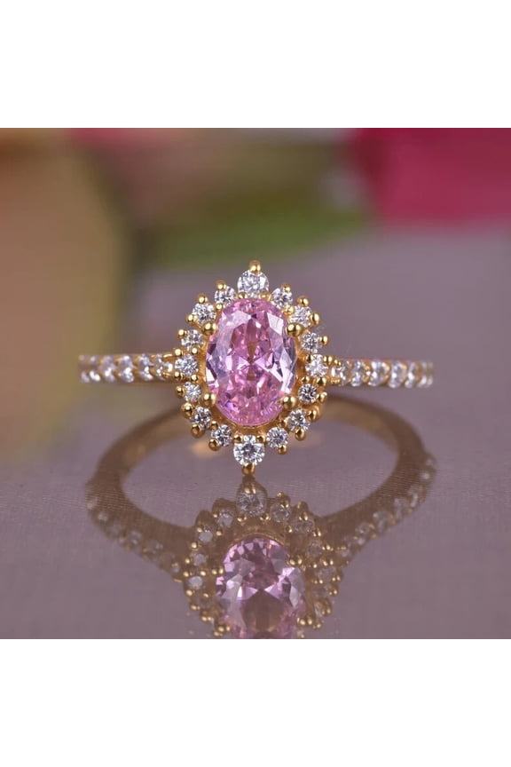 Oval Cut Pink Cubic Zirconia 14K Yellow Gold Plated Halo Engagement Ring For Her
