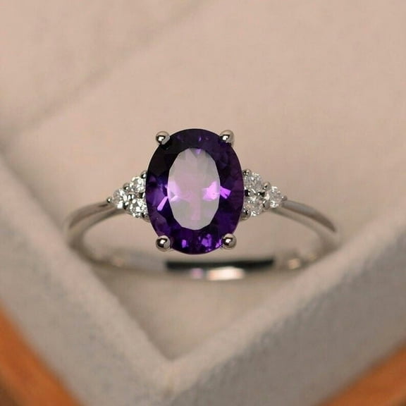 Hitanshu Jewels Oval Cut Purple Cubic Zirconia Solitaire Wedding Band Women Ring 14K White Gold Finish